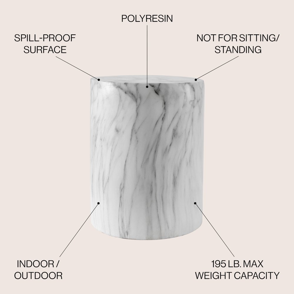 Troy 17" Modern White Faux Marble Cylinder Accent Table. Picture 5