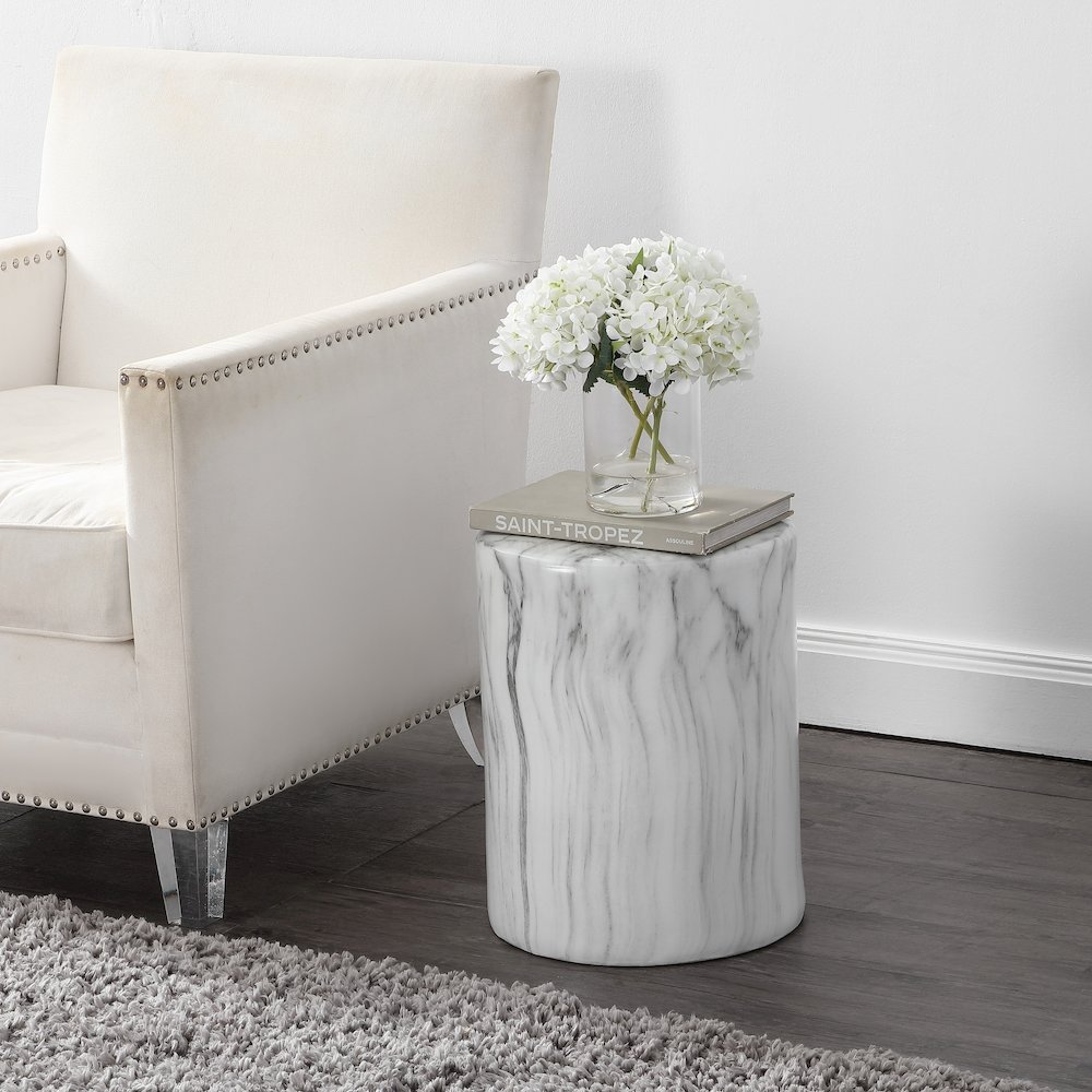 Troy 17" Modern White Faux Marble Cylinder Accent Table. Picture 1