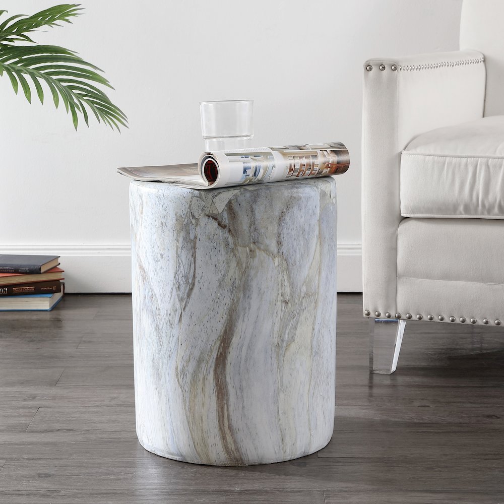 Troy 17" Modern Gray Faux Marble Cylinder Accent Table. Picture 1
