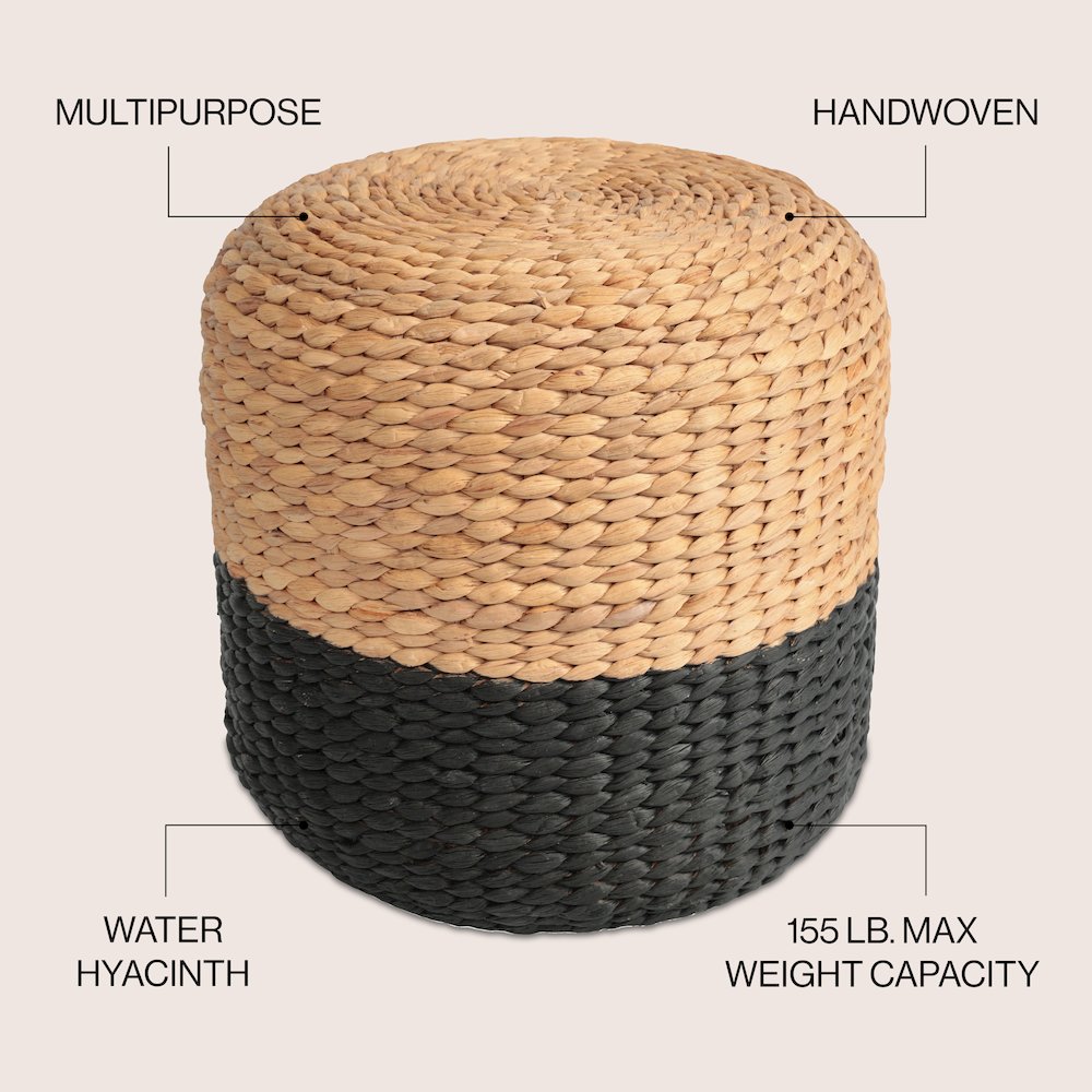 Aimee 16" Bohemian Two-Tone Black and Natural Handwoven Water Hyacinth Round. Picture 6