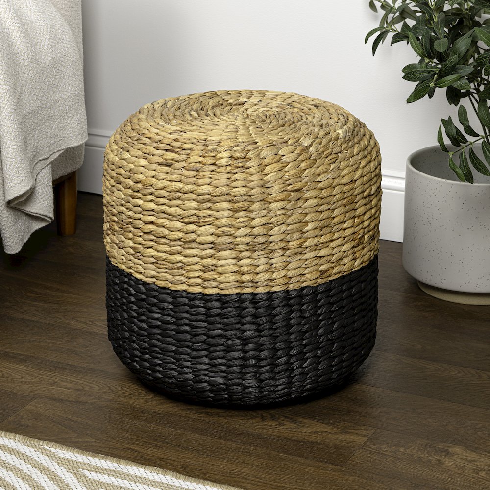 Aimee 16" Bohemian Two-Tone Black and Natural Handwoven Water Hyacinth Round. Picture 2