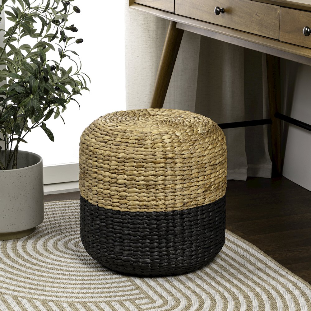 Aimee 16" Bohemian Two-Tone Black and Natural Handwoven Water Hyacinth Round. Picture 3