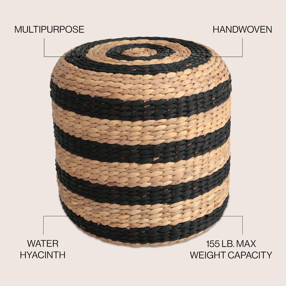 Aimee 16" Bohemian Two-Tone Black and Natural Handwoven Water Hyacinth Round. Picture 6