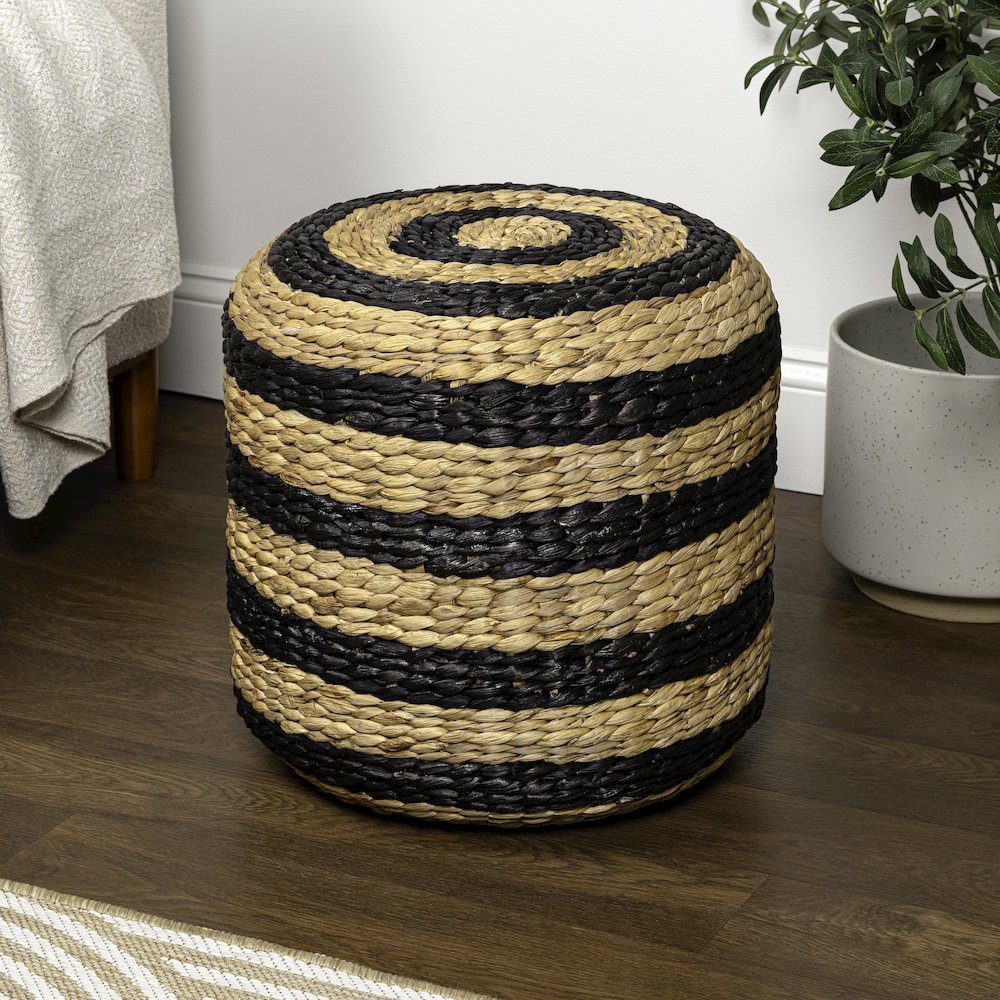 Aimee 16" Bohemian Two-Tone Black and Natural Handwoven Water Hyacinth Round. Picture 2