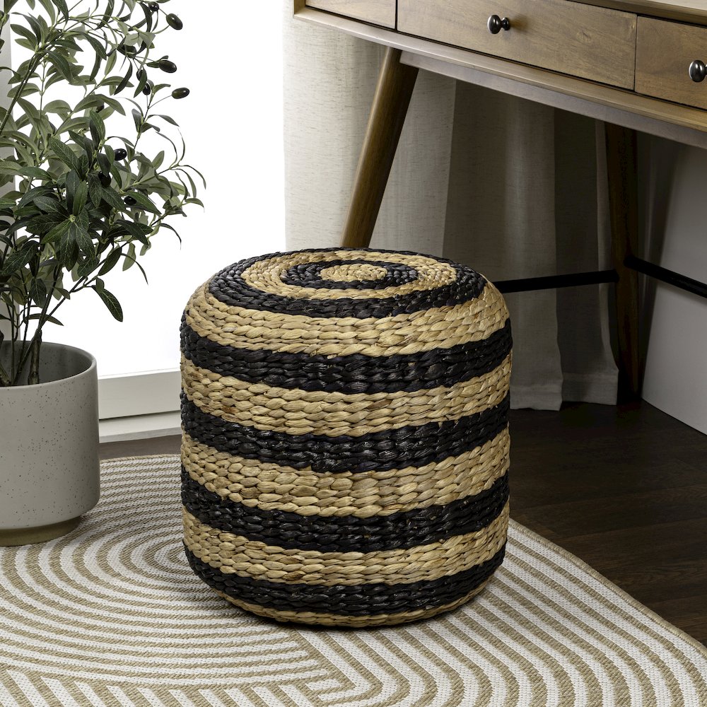 Aimee 16" Bohemian Two-Tone Black and Natural Handwoven Water Hyacinth Round. Picture 3