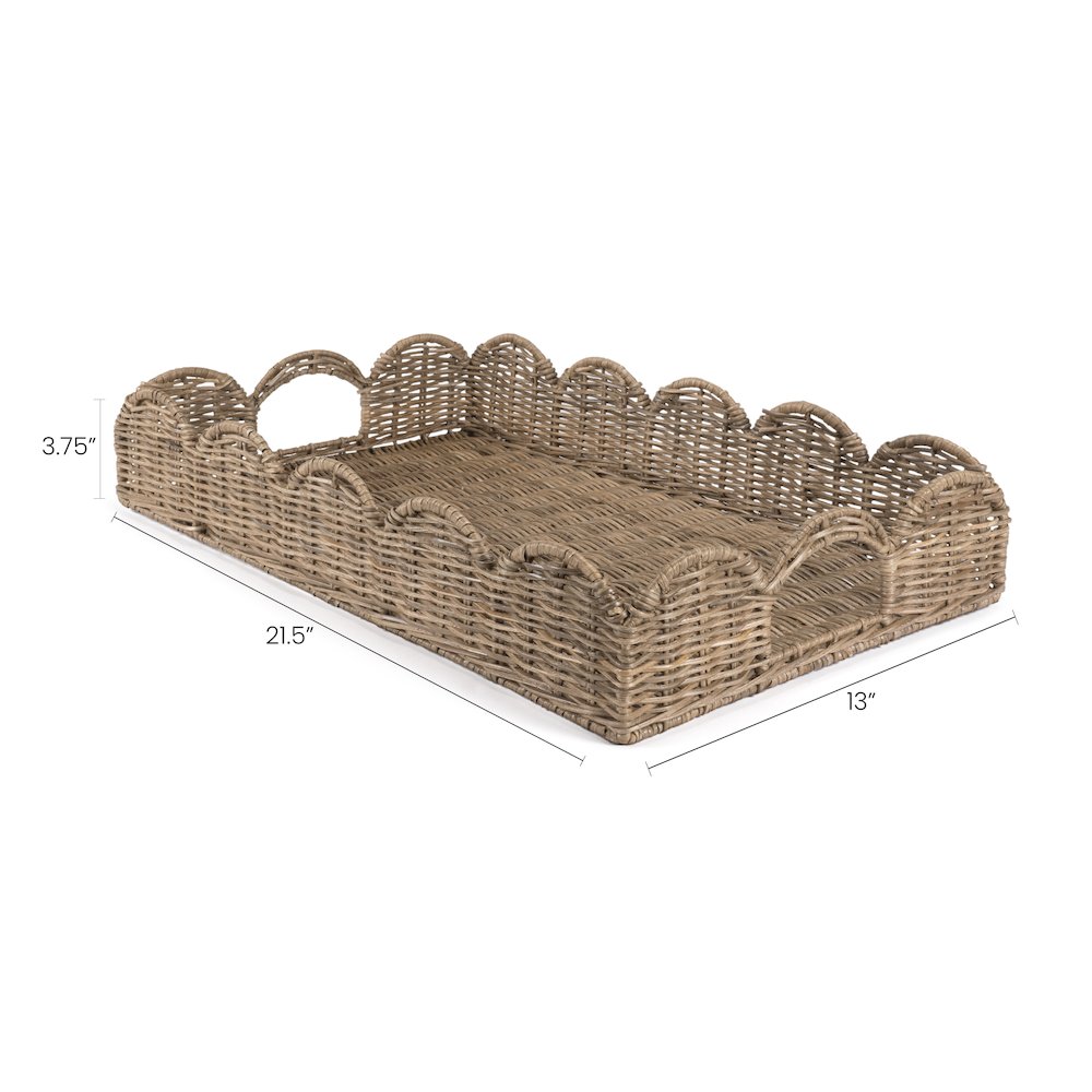 Scalloped Southwestern Cottage Hand-Woven Rattan Tray With Handles. Picture 3