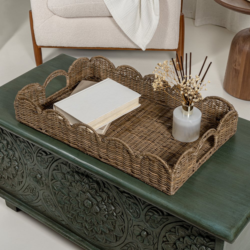 Scalloped Southwestern Cottage Hand-Woven Rattan Tray With Handles. Picture 1