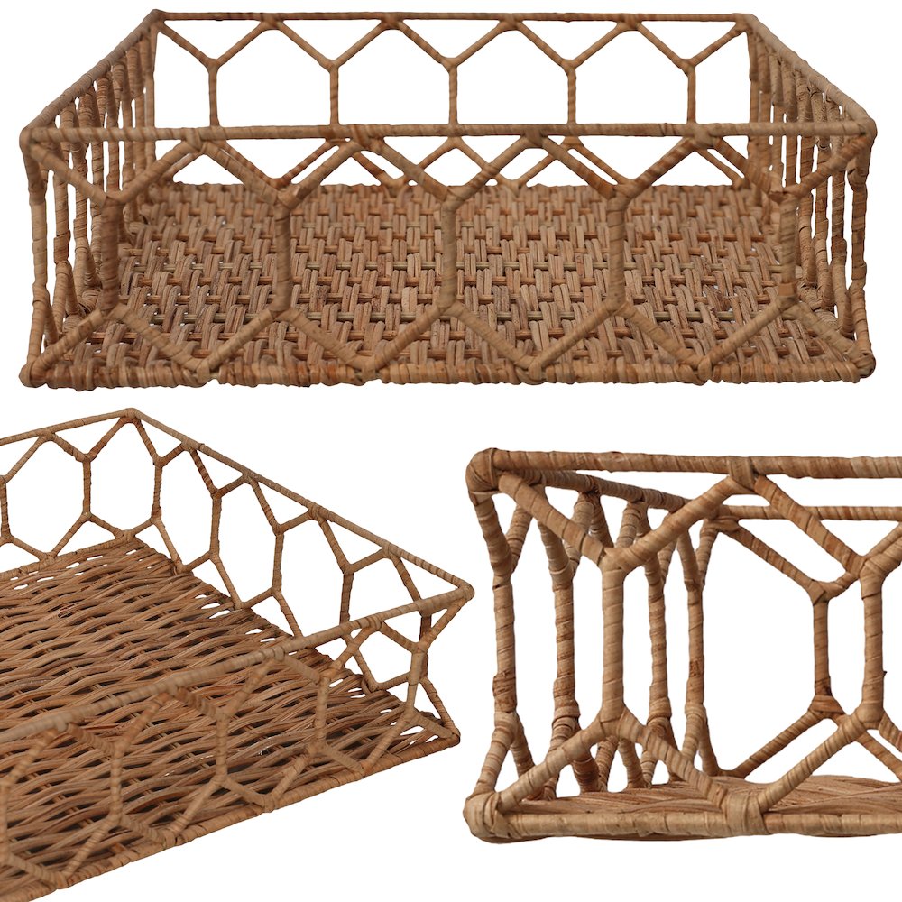 Honeycomb 19.75" Rustic Bohemian Hand-Woven Rattan Tray, Light Brown. Picture 3