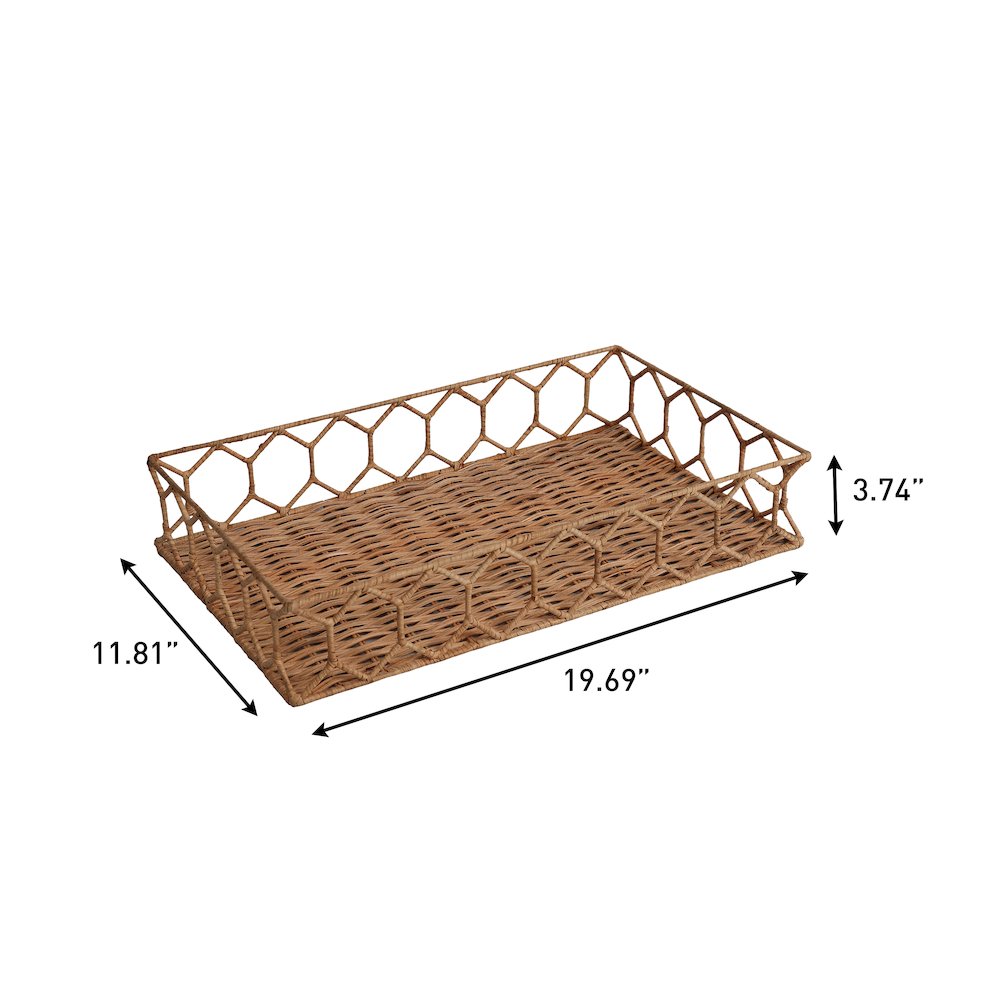 Honeycomb 19.75" Rustic Bohemian Hand-Woven Rattan Tray, Light Brown. Picture 4