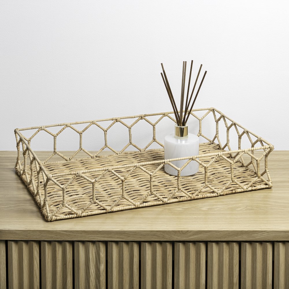 Honeycomb 19.75" Rustic Bohemian Hand-Woven Rattan Tray, Light Brown. Picture 2