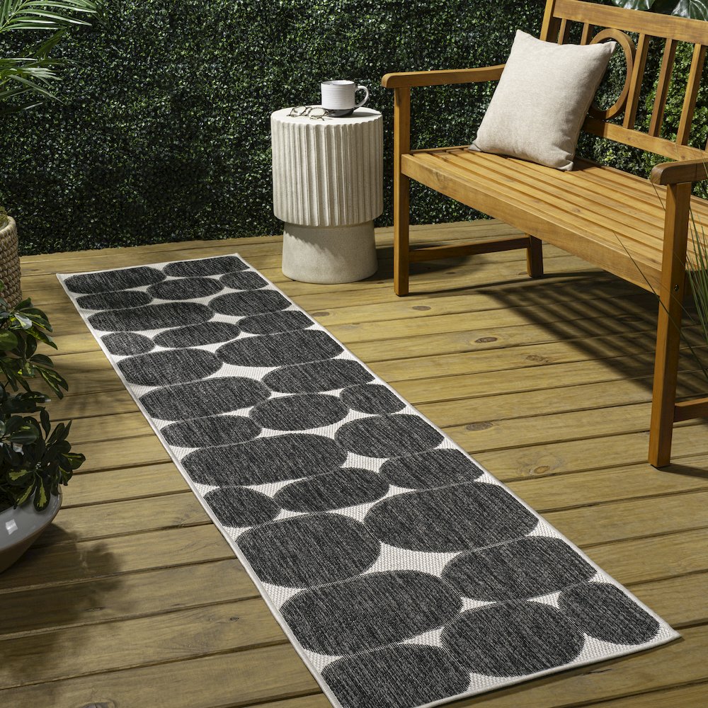 Geometric Organic Shapes Black/Cream 2 ft. x 8 ft. Indoor/Outdoor Runner Rug. Picture 4