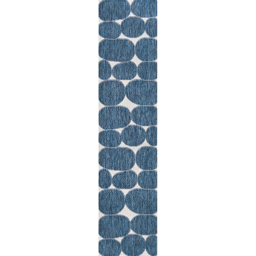 Geometric Organic Shapes Navy/Cream 2 ft. x 8 ft. Indoor/Outdoor Runner Rug. Picture 1