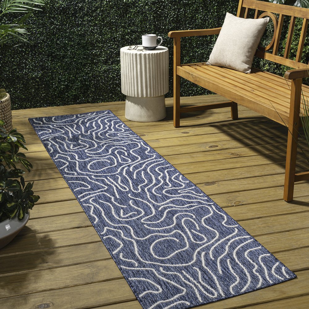 Organic Shapes Navy/Cream 2 ft. x 8 ft. Indoor/Outdoor Runner Rug. Picture 4