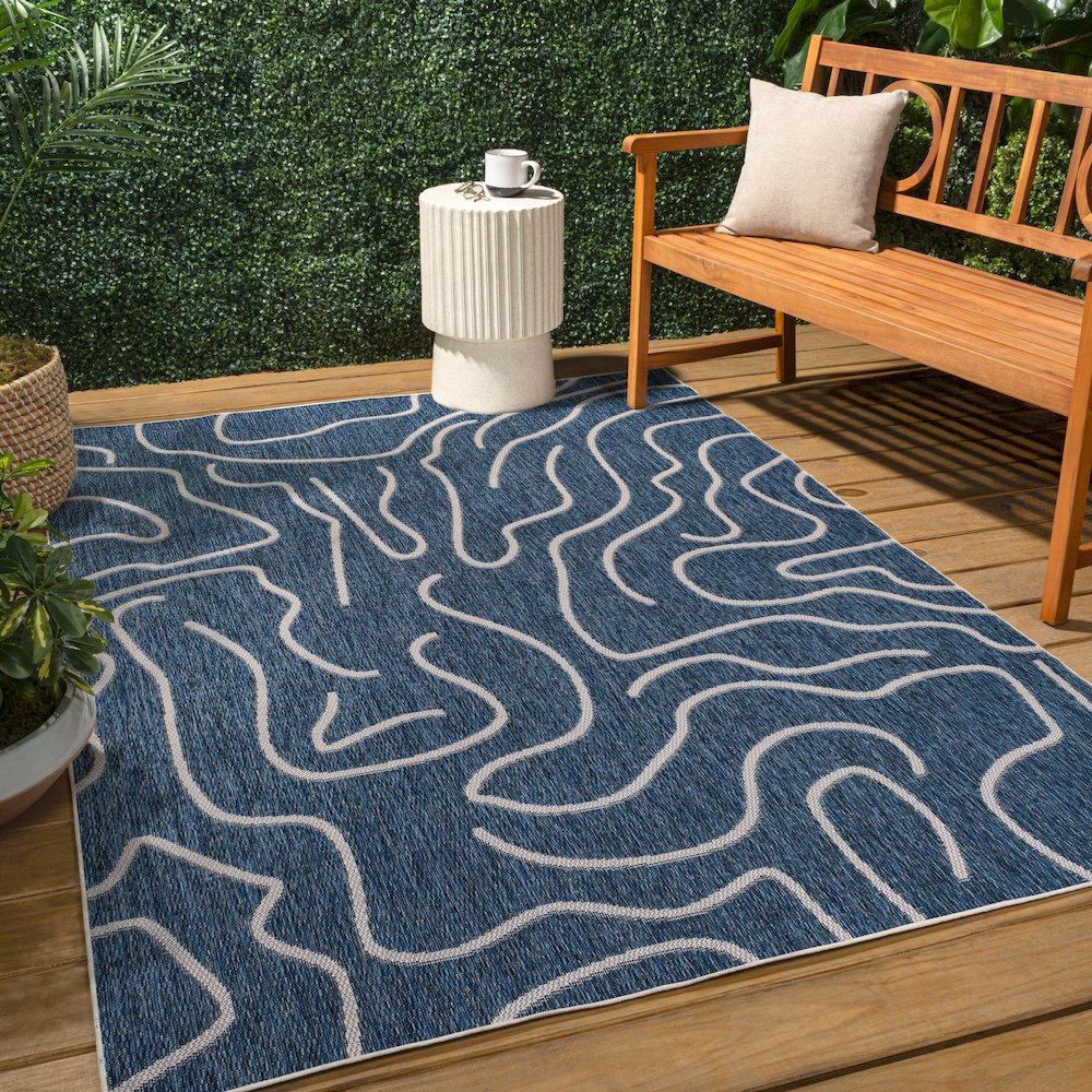 Organic Shapes Navy/Cream 3 ft. x 5 ft. Indoor/Outdoor Area Rug. Picture 4