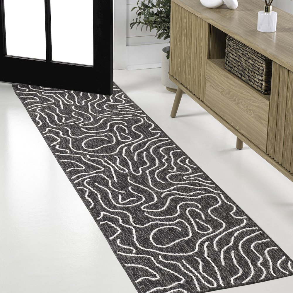Organic Shapes Black/Cream 2 ft. x 8 ft. Indoor/Outdoor Runner Rug. Picture 3