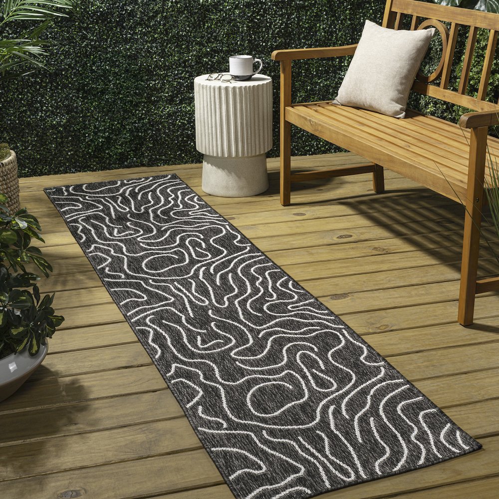 Organic Shapes Black/Cream 2 ft. x 8 ft. Indoor/Outdoor Runner Rug. Picture 4