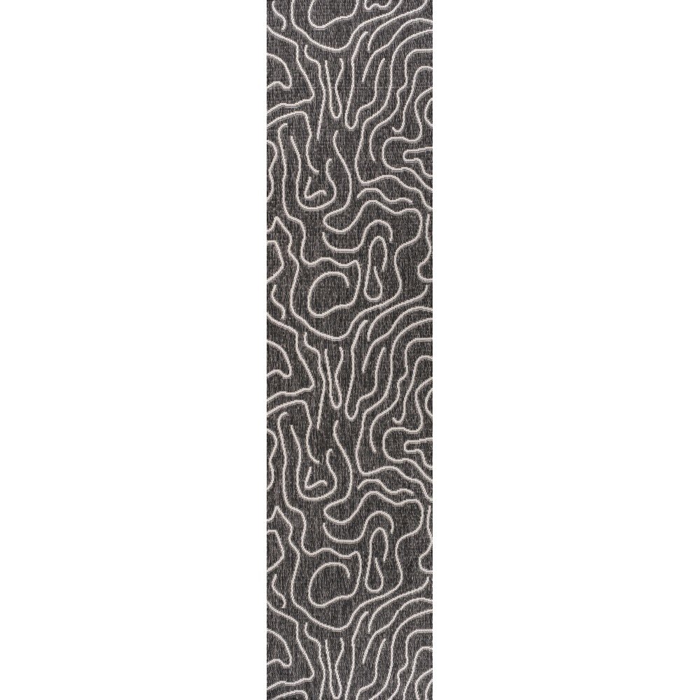 Organic Shapes Black/Cream 2 ft. x 8 ft. Indoor/Outdoor Runner Rug. Picture 1