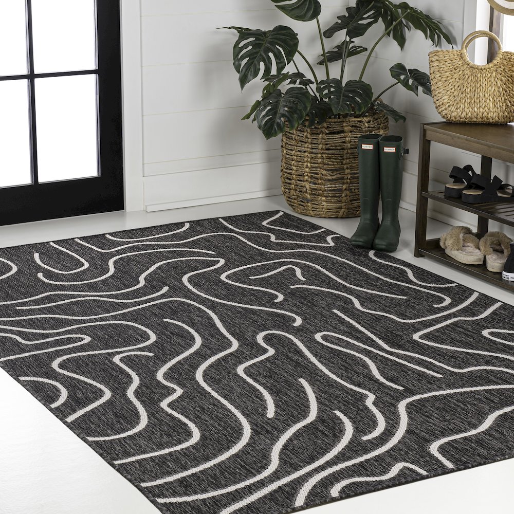 Organic Shapes Black/Cream 3 ft. x 5 ft. Indoor/Outdoor Area Rug. Picture 3