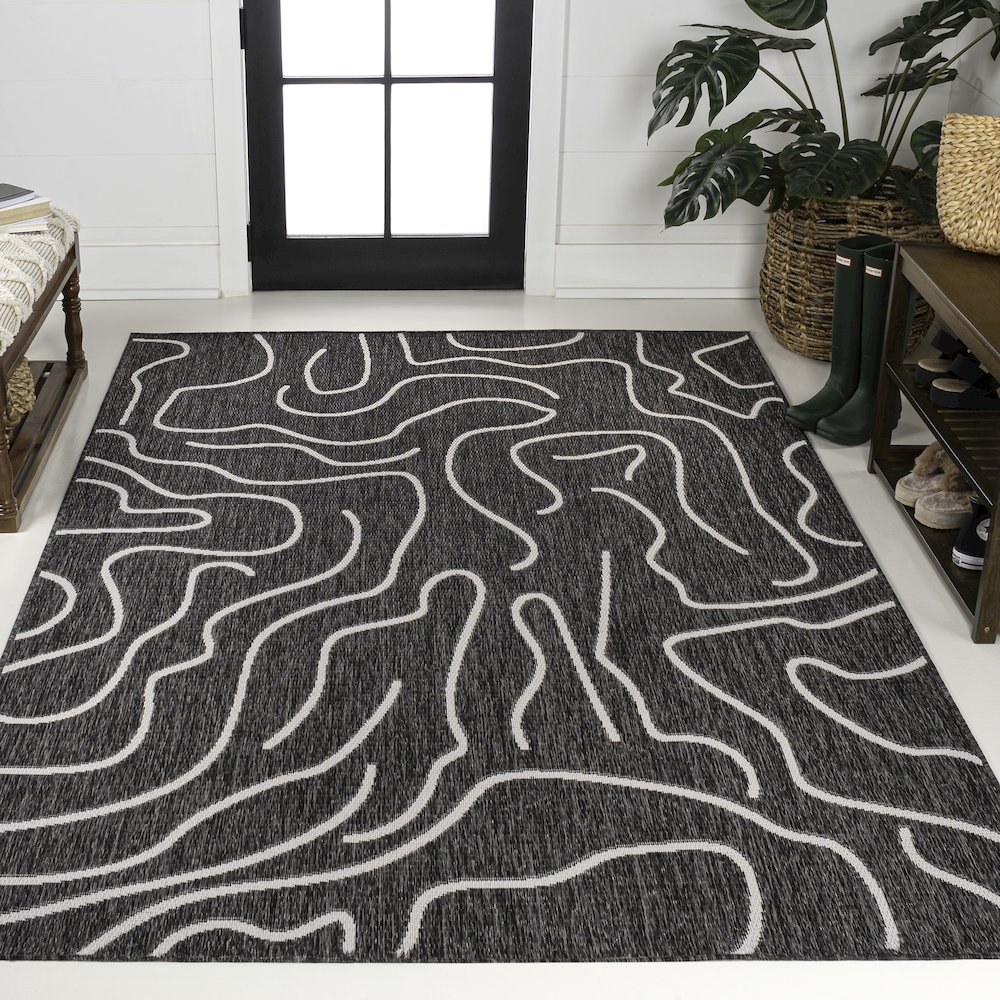 Organic Shapes Black/Cream 2 ft. x 8 ft. Indoor/Outdoor Runner Rug. Picture 2