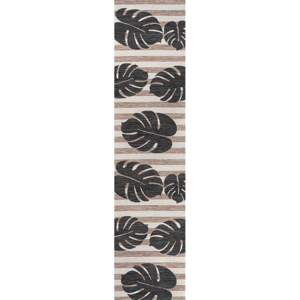 and Monstera Leaf Black/Beige 2 ft. x 8 ft. Indoor/Outdoor Runner Rug. Picture 1