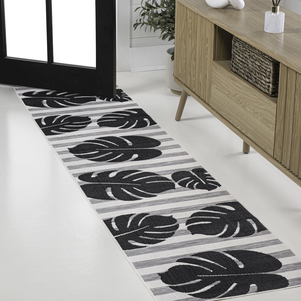 and Monstera Leaf Black/Gray 2 ft. x 8 ft. Indoor/Outdoor Runner Rug. Picture 3