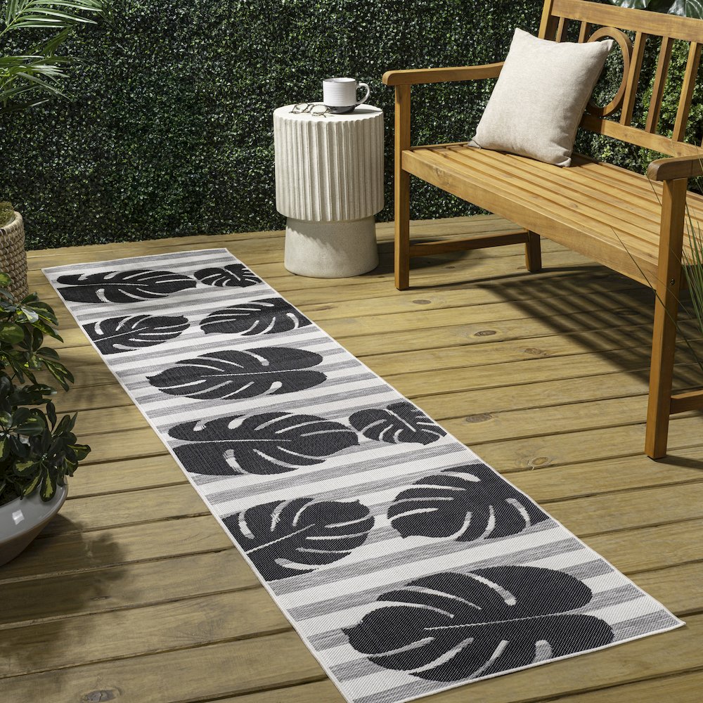 and Monstera Leaf Black/Gray 2 ft. x 8 ft. Indoor/Outdoor Runner Rug. Picture 4