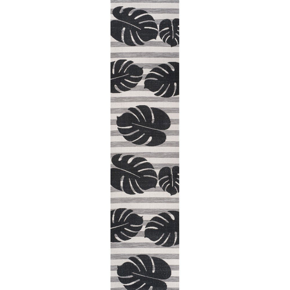 and Monstera Leaf Black/Gray 2 ft. x 8 ft. Indoor/Outdoor Runner Rug. Picture 1