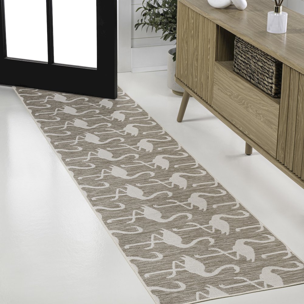 Flamingos Two-Tone Beige/White 2 ft. x 8 ft. Indoor/Outdoor Runner Rug. Picture 3