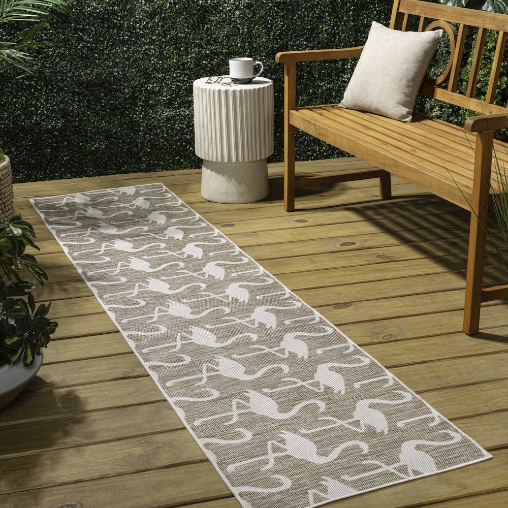 Flamingos Two-Tone Beige/White 2 ft. x 8 ft. Indoor/Outdoor Runner Rug. Picture 4