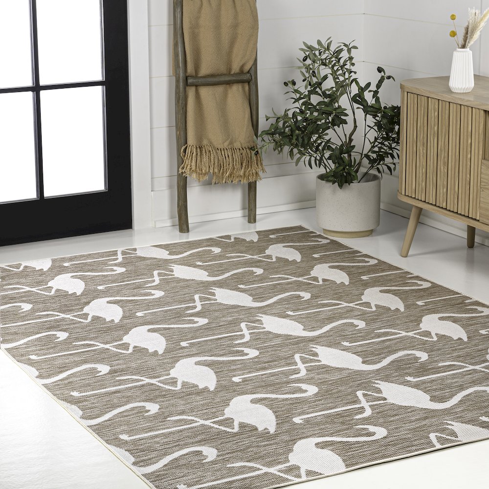 Flamingos Two-Tone Beige/White 3 ft. x 5 ft. Indoor/Outdoor Area Rug. Picture 3