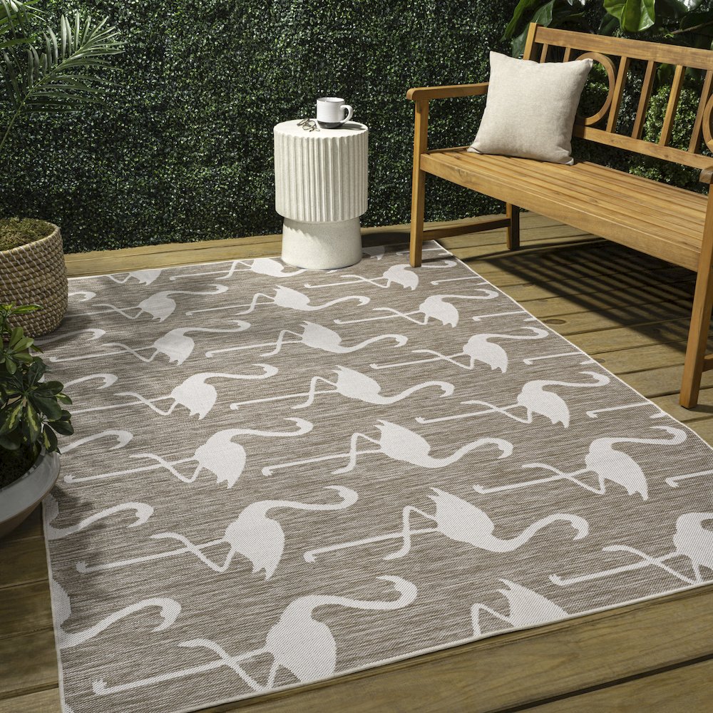 Flamingos Two-Tone Beige/White 3 ft. x 5 ft. Indoor/Outdoor Area Rug. Picture 4