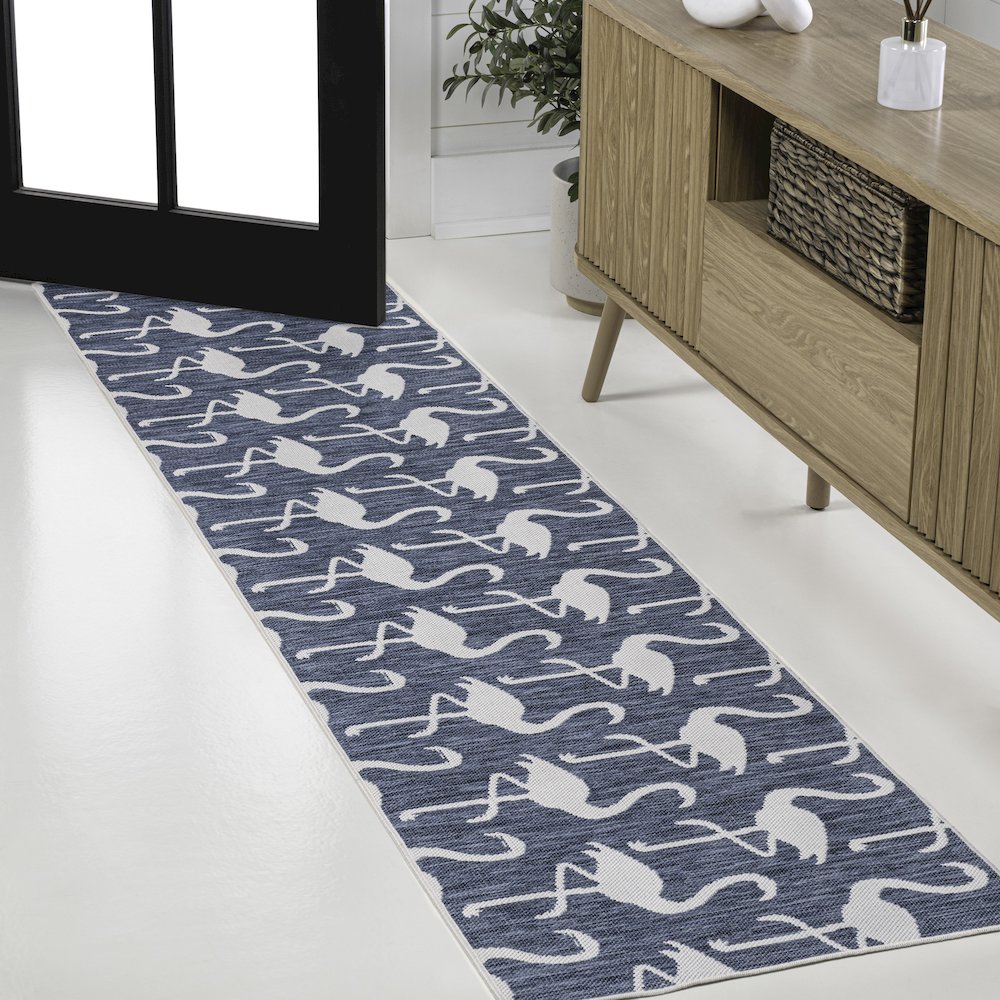 Flamingos Two-Tone Navy/White 2 ft. x 8 ft. Indoor/Outdoor Runner Rug. Picture 3
