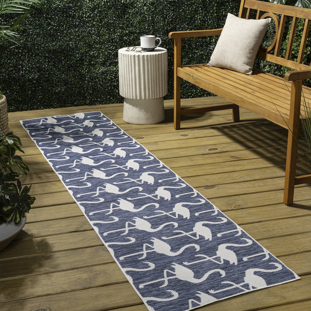 Flamingos Two-Tone Navy/White 2 ft. x 8 ft. Indoor/Outdoor Runner Rug. Picture 4