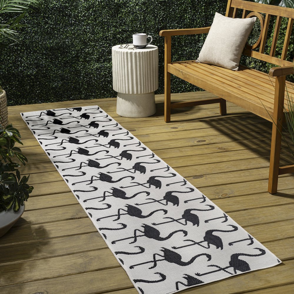 Flamingos Two-Tone White/Black 2 ft. x 8 ft. Indoor/Outdoor Runner Rug. Picture 4