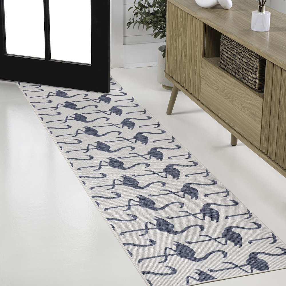 Flamingos Two-Tone White/Navy 2 ft. x 8 ft. Indoor/Outdoor Runner Rug. Picture 3