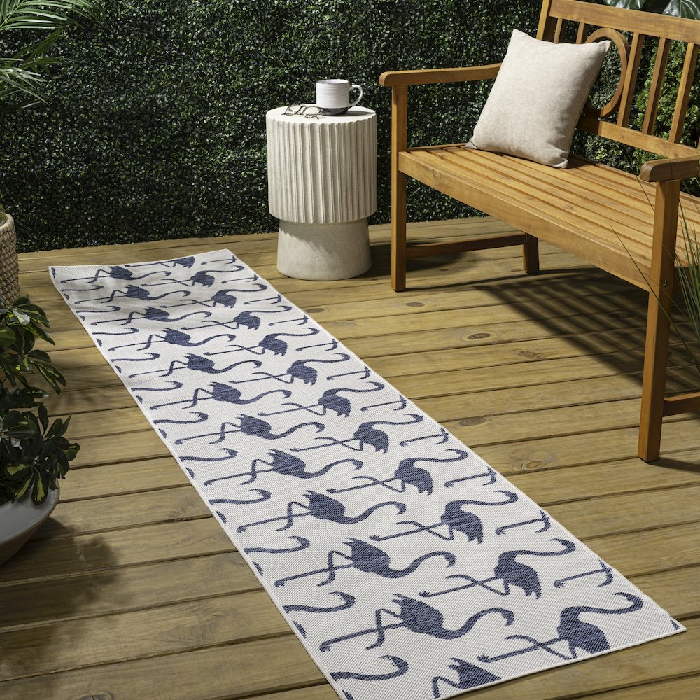 Flamingos Two-Tone White/Navy 2 ft. x 8 ft. Indoor/Outdoor Runner Rug. Picture 4