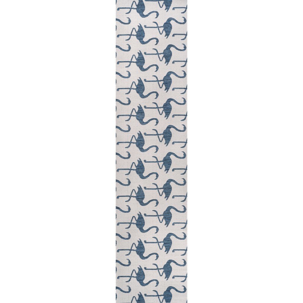 Flamingos Two-Tone White/Navy 2 ft. x 8 ft. Indoor/Outdoor Runner Rug. Picture 1