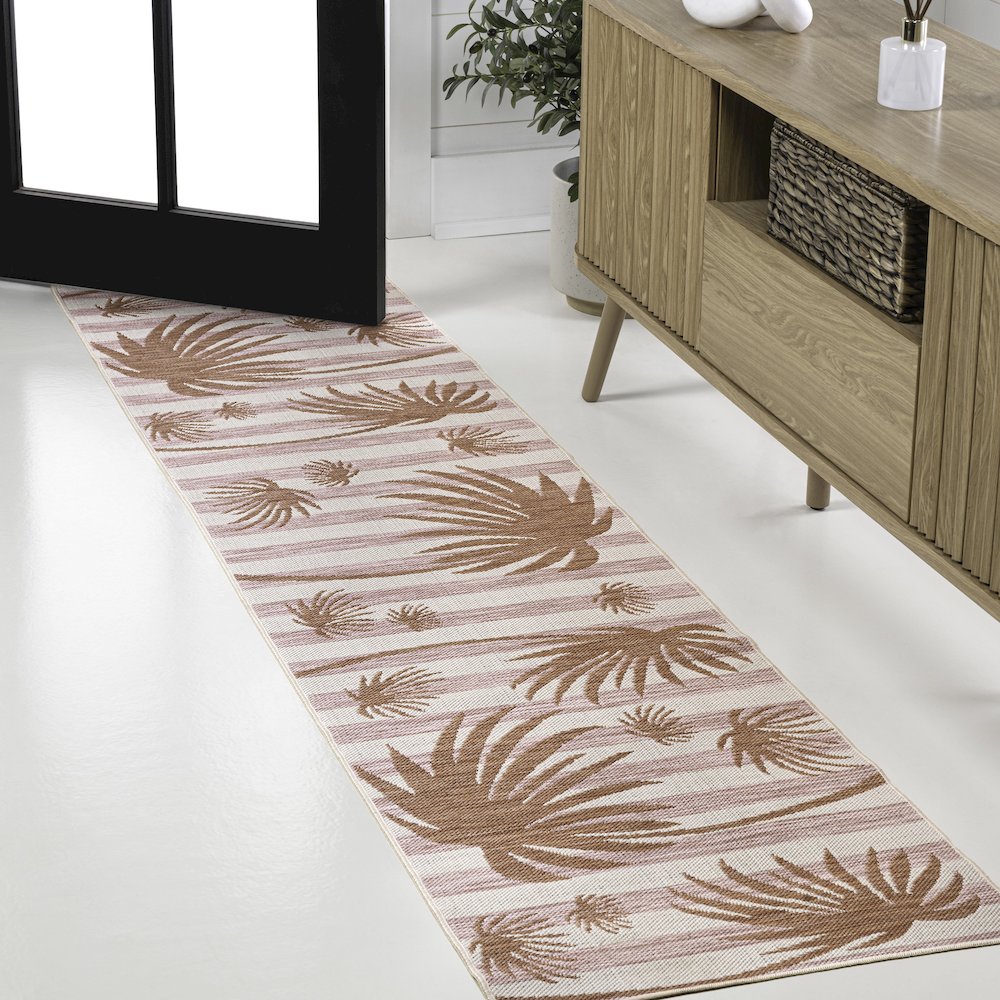 and Palm Leaf Pink/Cream 2 ft. x 8 ft. Indoor/Outdoor Runner Rug. Picture 3