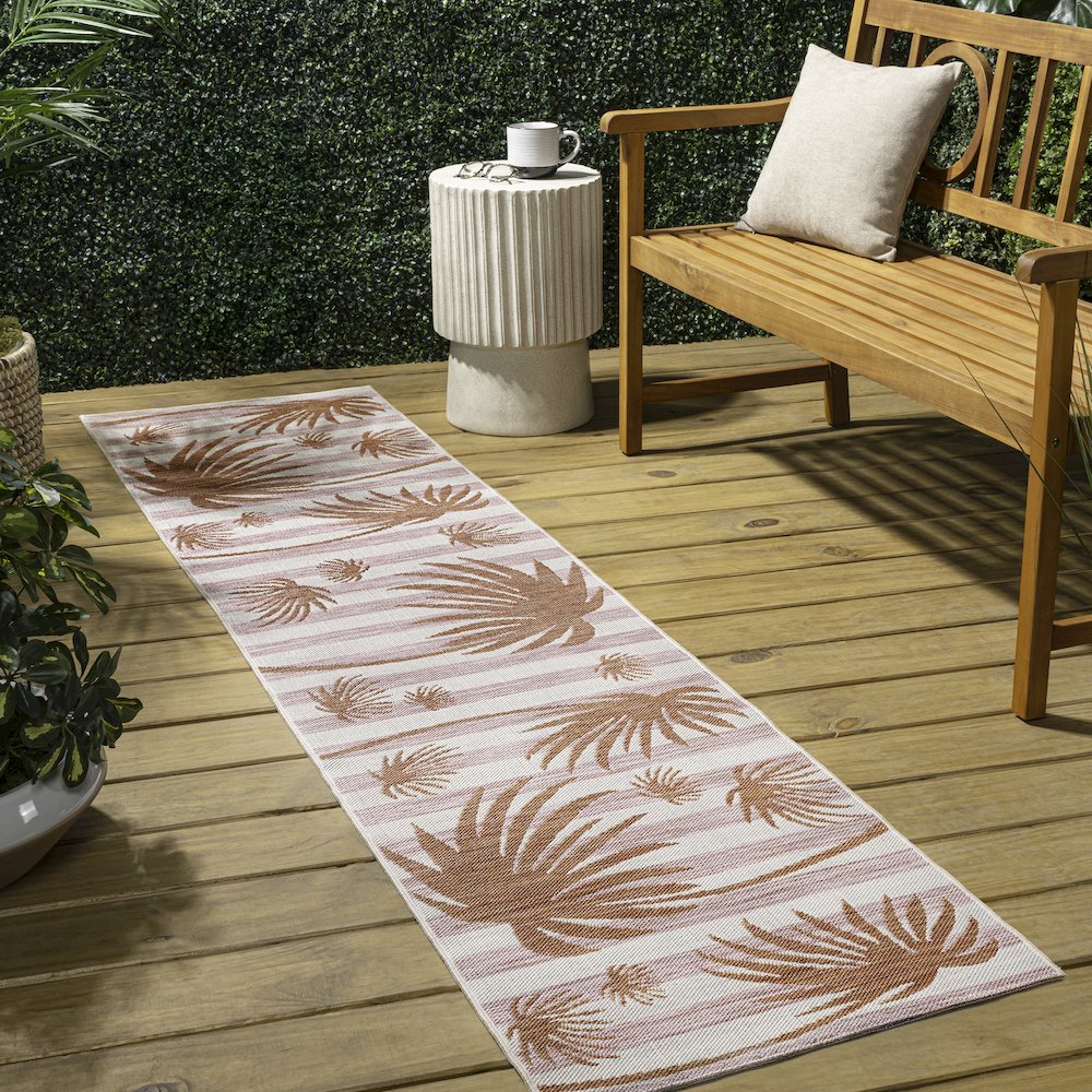 and Palm Leaf Pink/Cream 2 ft. x 8 ft. Indoor/Outdoor Runner Rug. Picture 4