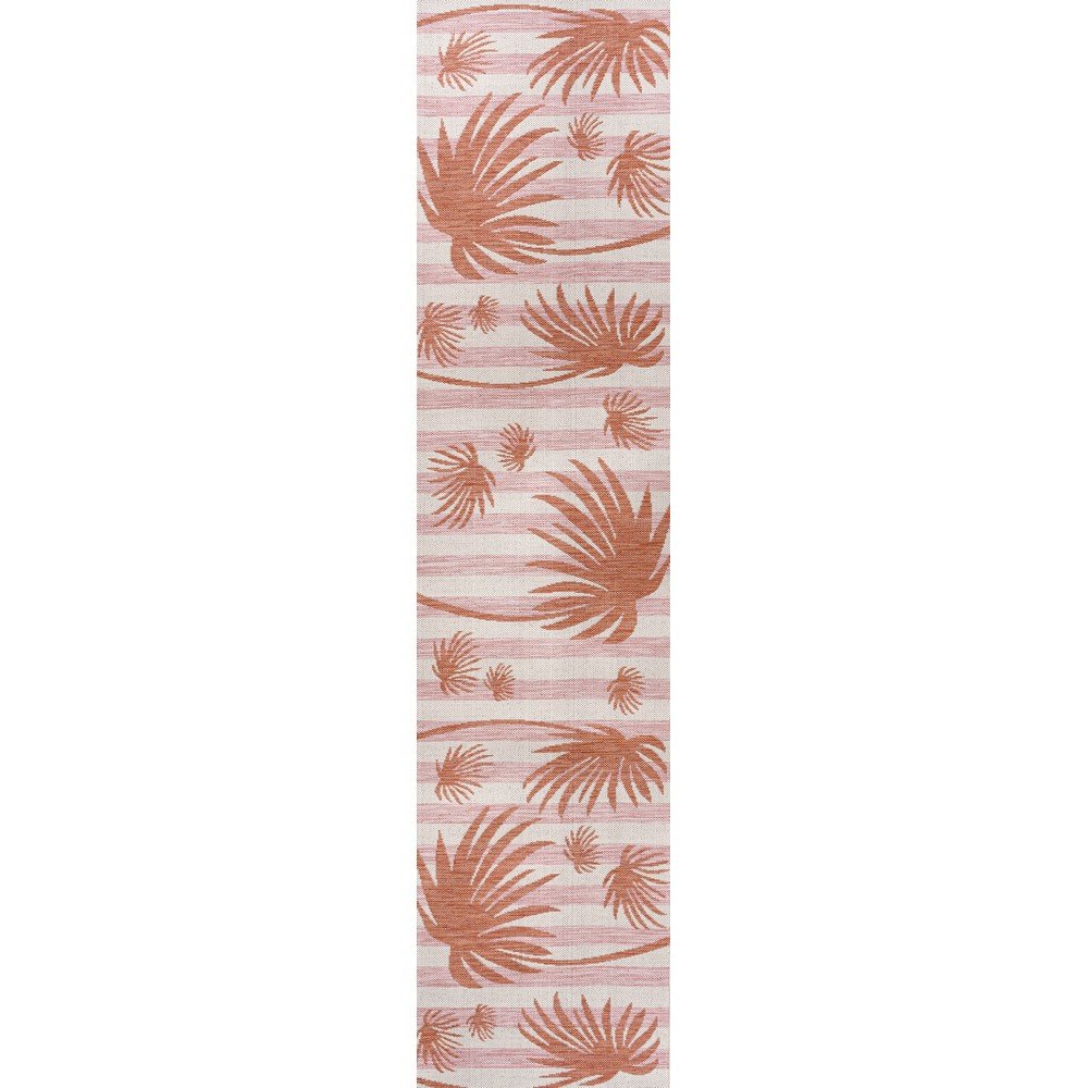 and Palm Leaf Pink/Cream 2 ft. x 8 ft. Indoor/Outdoor Runner Rug. Picture 1