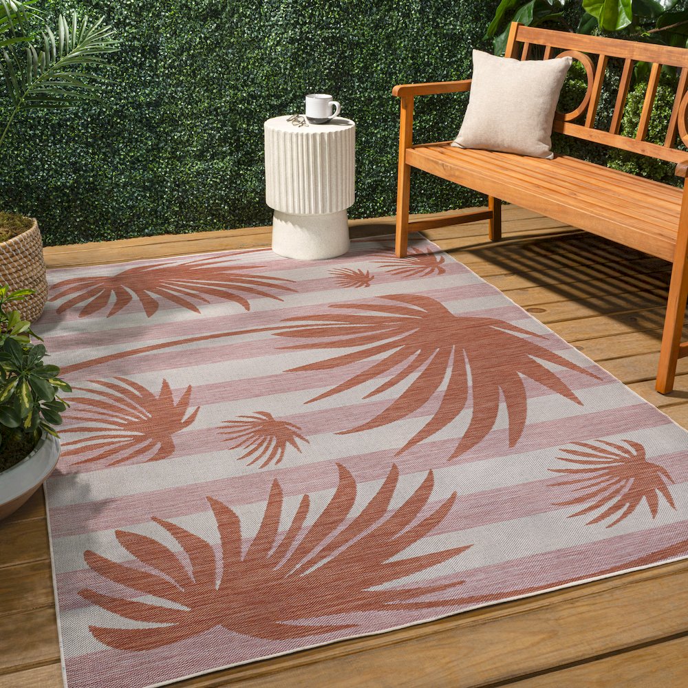 and Palm Leaf Pink/Cream 3 ft. x 5 ft. Indoor/Outdoor Area Rug. Picture 4