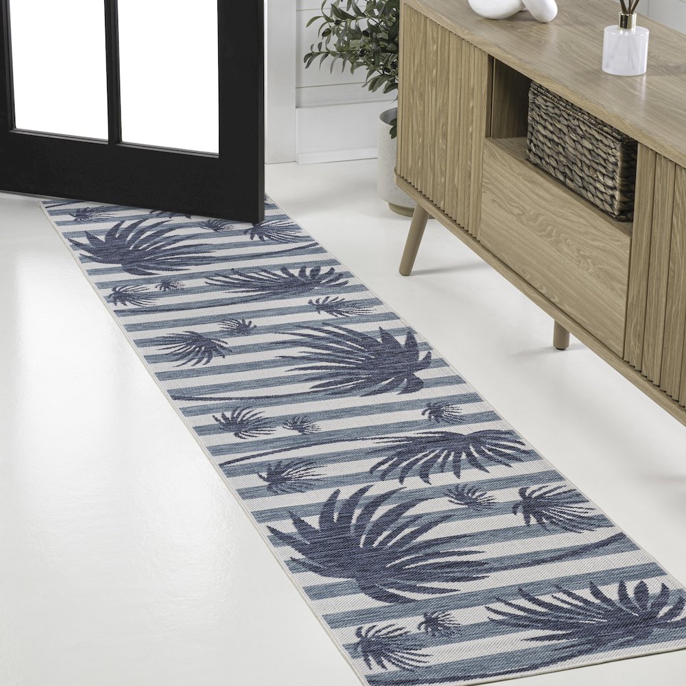 and Palm Leaf Navy/Cream 2 ft. x 8 ft. Indoor/Outdoor Runner Rug. Picture 3