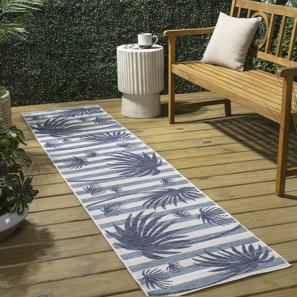 and Palm Leaf Navy/Cream 2 ft. x 8 ft. Indoor/Outdoor Runner Rug. Picture 4