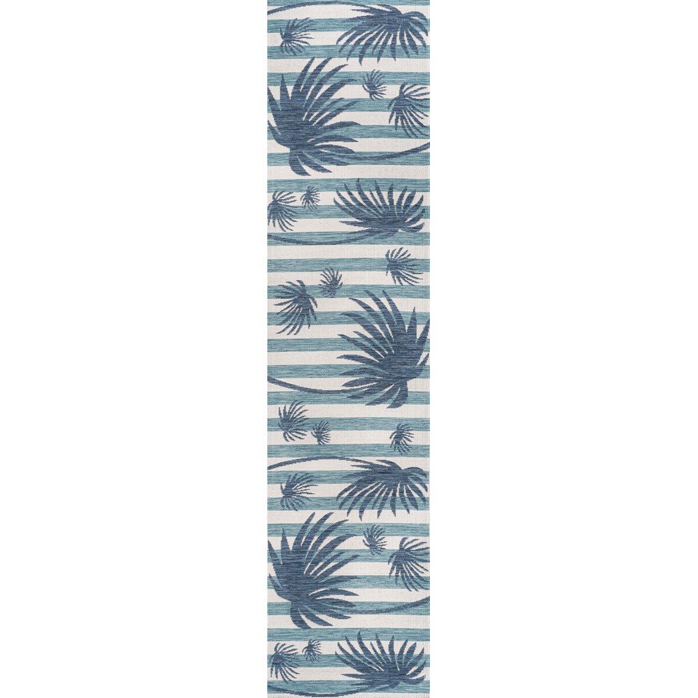and Palm Leaf Navy/Cream 2 ft. x 8 ft. Indoor/Outdoor Runner Rug. Picture 1