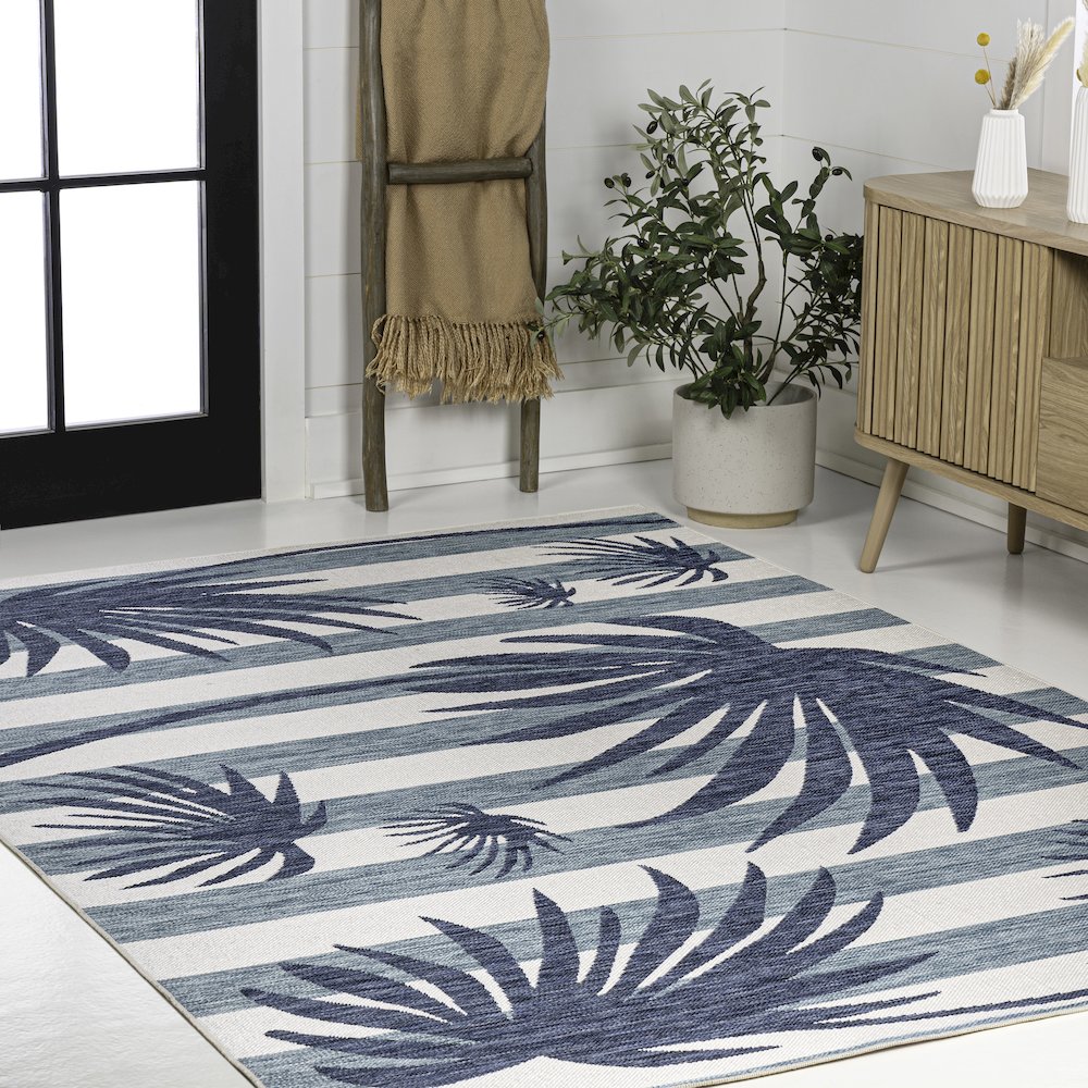 and Palm Leaf Navy/Cream 3 ft. x 5 ft. Indoor/Outdoor Area Rug. Picture 3