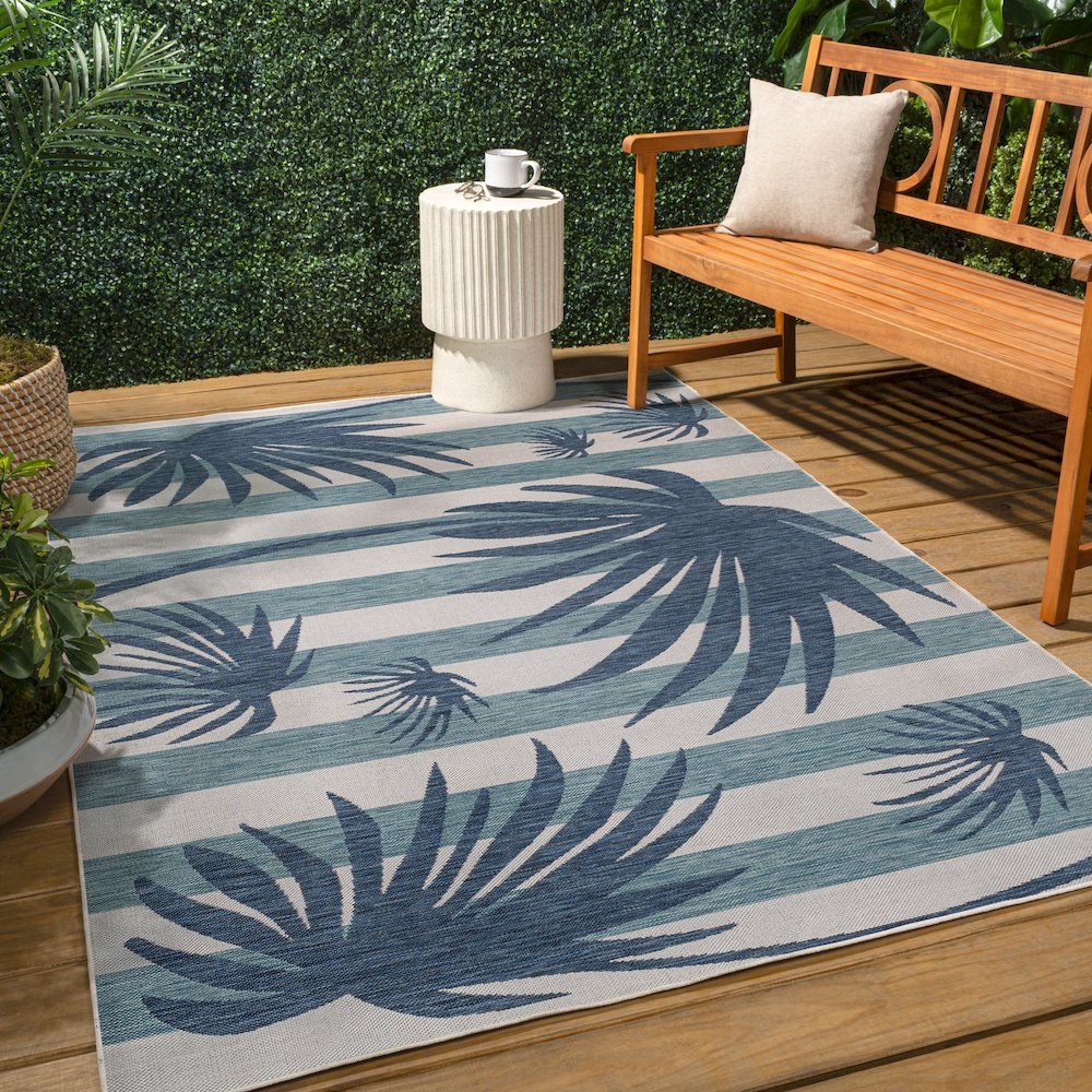 and Palm Leaf Navy/Cream 3 ft. x 5 ft. Indoor/Outdoor Area Rug. Picture 4
