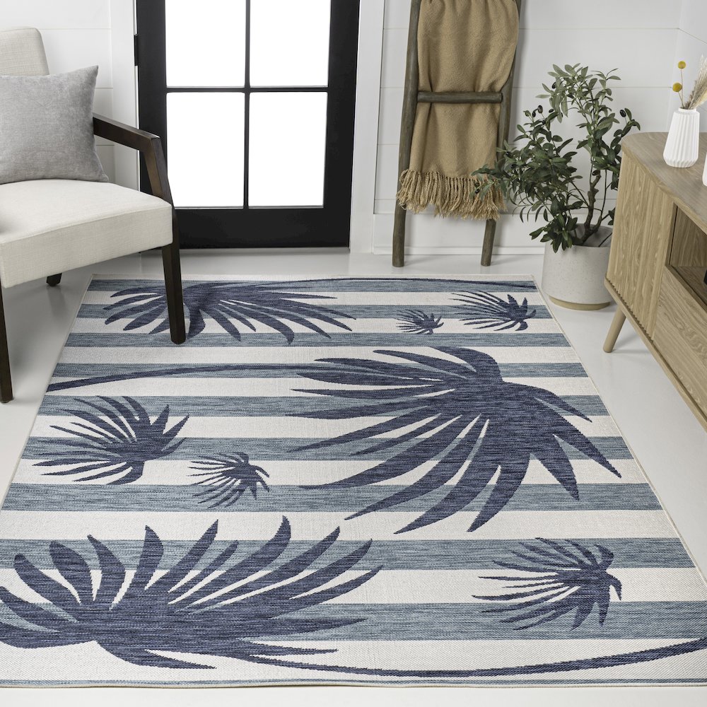 and Palm Leaf Navy/Cream 2 ft. x 8 ft. Indoor/Outdoor Runner Rug. Picture 2
