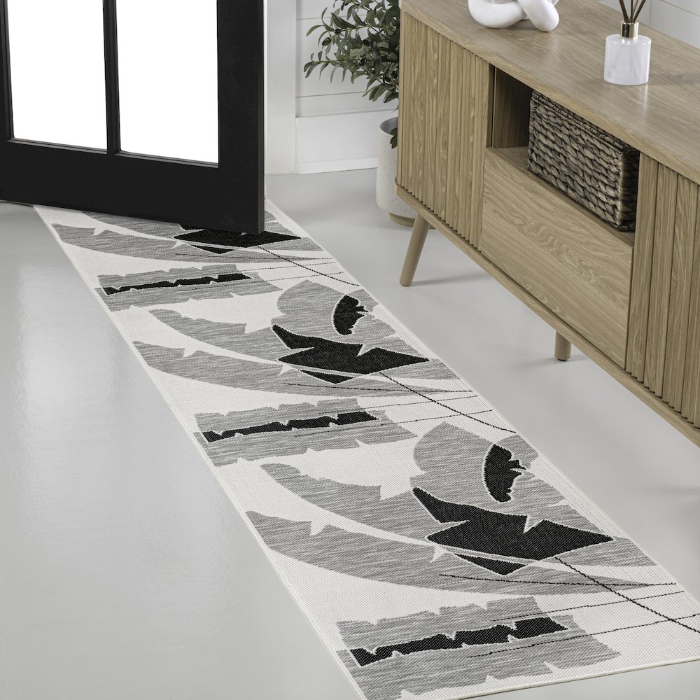Palm Leaf Gray/Cream 2 ft. x 8 ft. Indoor/Outdoor Runner Rug. Picture 3