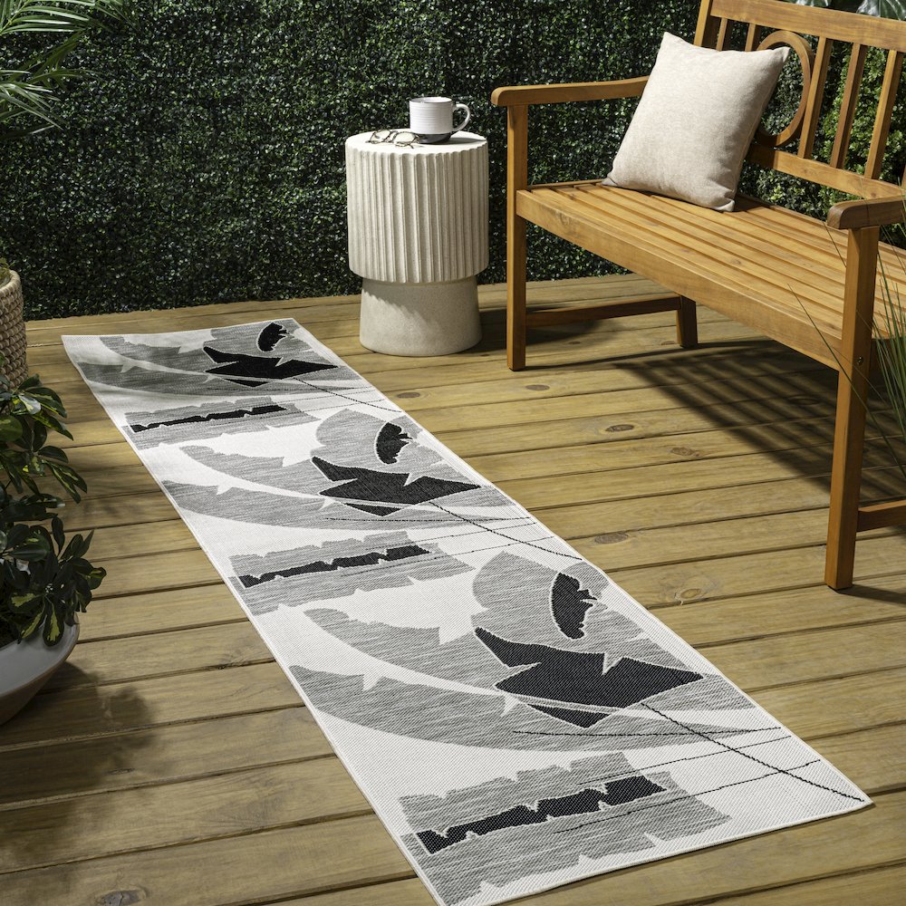 Palm Leaf Gray/Cream 2 ft. x 8 ft. Indoor/Outdoor Runner Rug. Picture 4