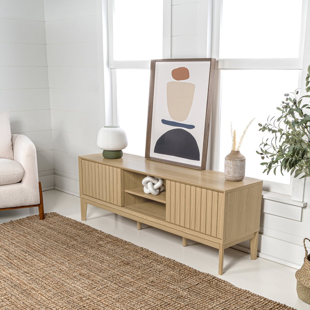 Gennaro Farmhouse 3-Storage Sliding Door Tv Stand Fits Tvs With Cable Management. Picture 4